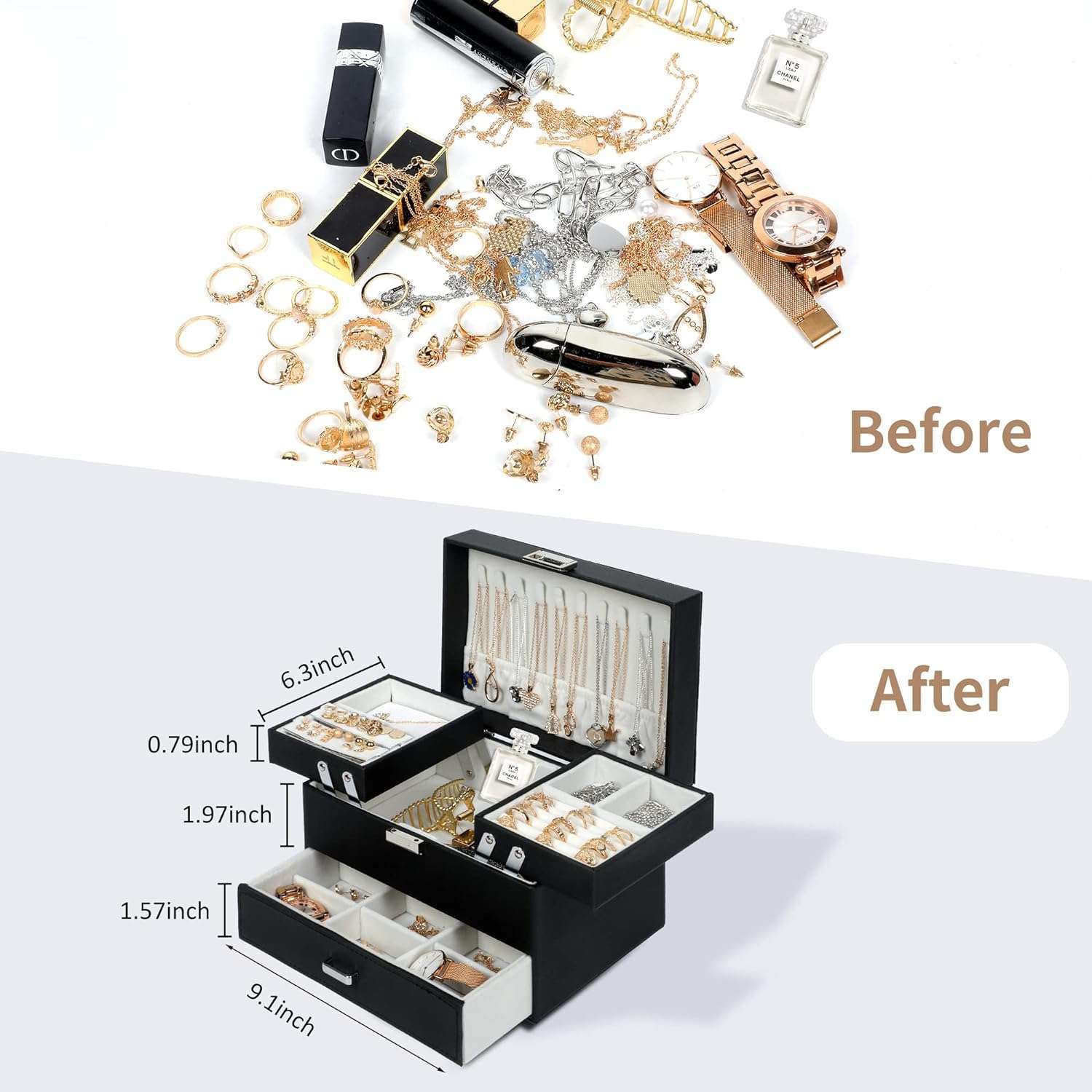 Dajasan Jewelry Boxes for Women Girls, Jewelry Organizer Box, 3 Layers Jewelry Storage Organizer for Earring, Ring, Necklace, Bracelets (Black) - 4