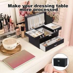 Dajasan Jewelry Boxes for Women Girls, Jewelry Organizer Box, 3 Layers Jewelry Storage Organizer for Earring, Ring, Necklace, Bracelets (Black) - 5