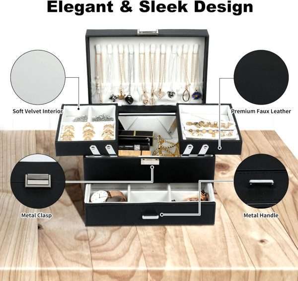 Dajasan Jewelry Boxes for Women Girls, Jewelry Organizer Box, 3 Layers Jewelry Storage Organizer for Earring, Ring, Necklace, Bracelets (Black) - 7