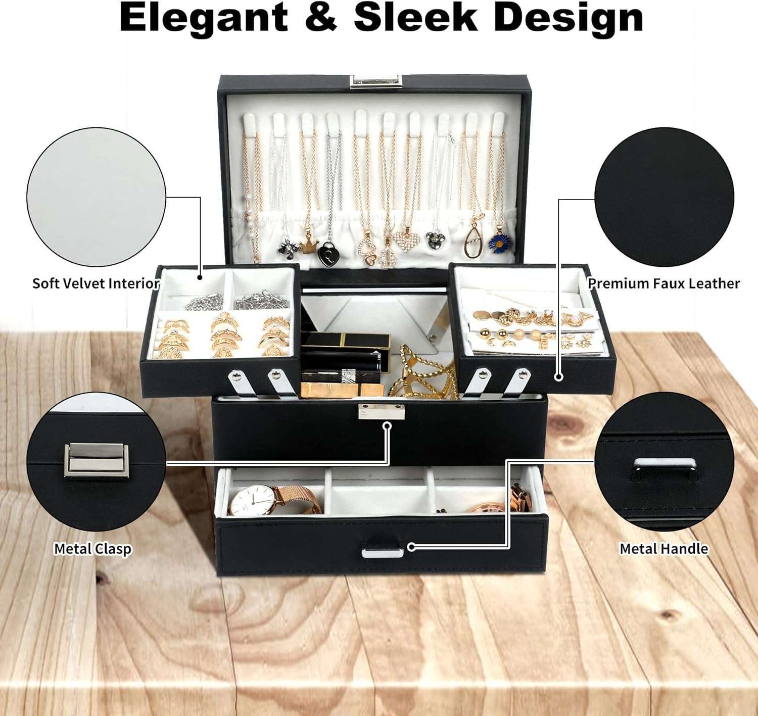 Dajasan Jewelry Boxes for Women Girls, Jewelry Organizer Box, 3 Layers Jewelry Storage Organizer for Earring, Ring, Necklace, Bracelets (Black) - 7