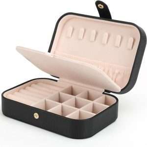 FEISCON Small Jewelry Box Necklace Ring Storage Organizer Mini Jewelry case Double Layer Travel Jewelry Organizer for Women Girls Gift-Black - 1