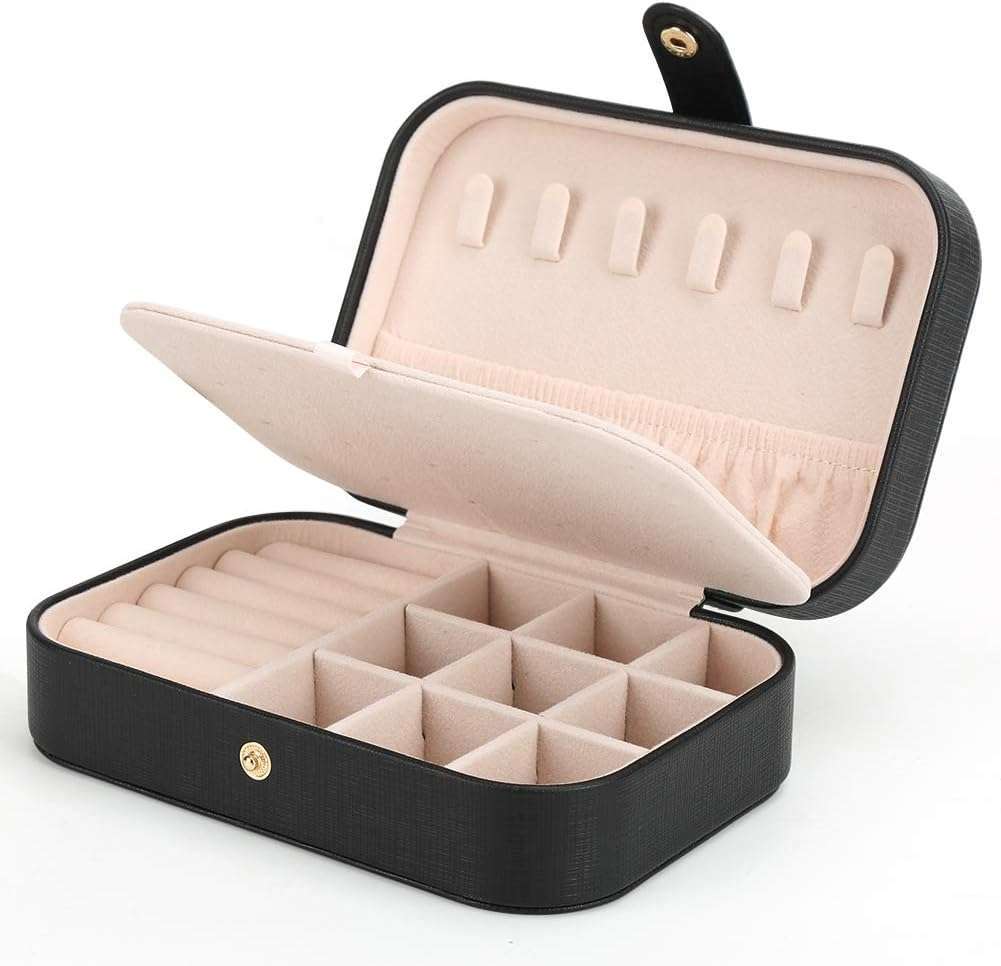 FEISCON Small Jewelry Box Necklace Ring Storage Organizer Mini Jewelry case Double Layer Travel Jewelry Organizer for Women Girls Gift-Black - 1