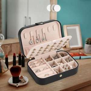 FEISCON Small Jewelry Box Necklace Ring Storage Organizer Mini Jewelry case Double Layer Travel Jewelry Organizer for Women Girls Gift-Black - 2