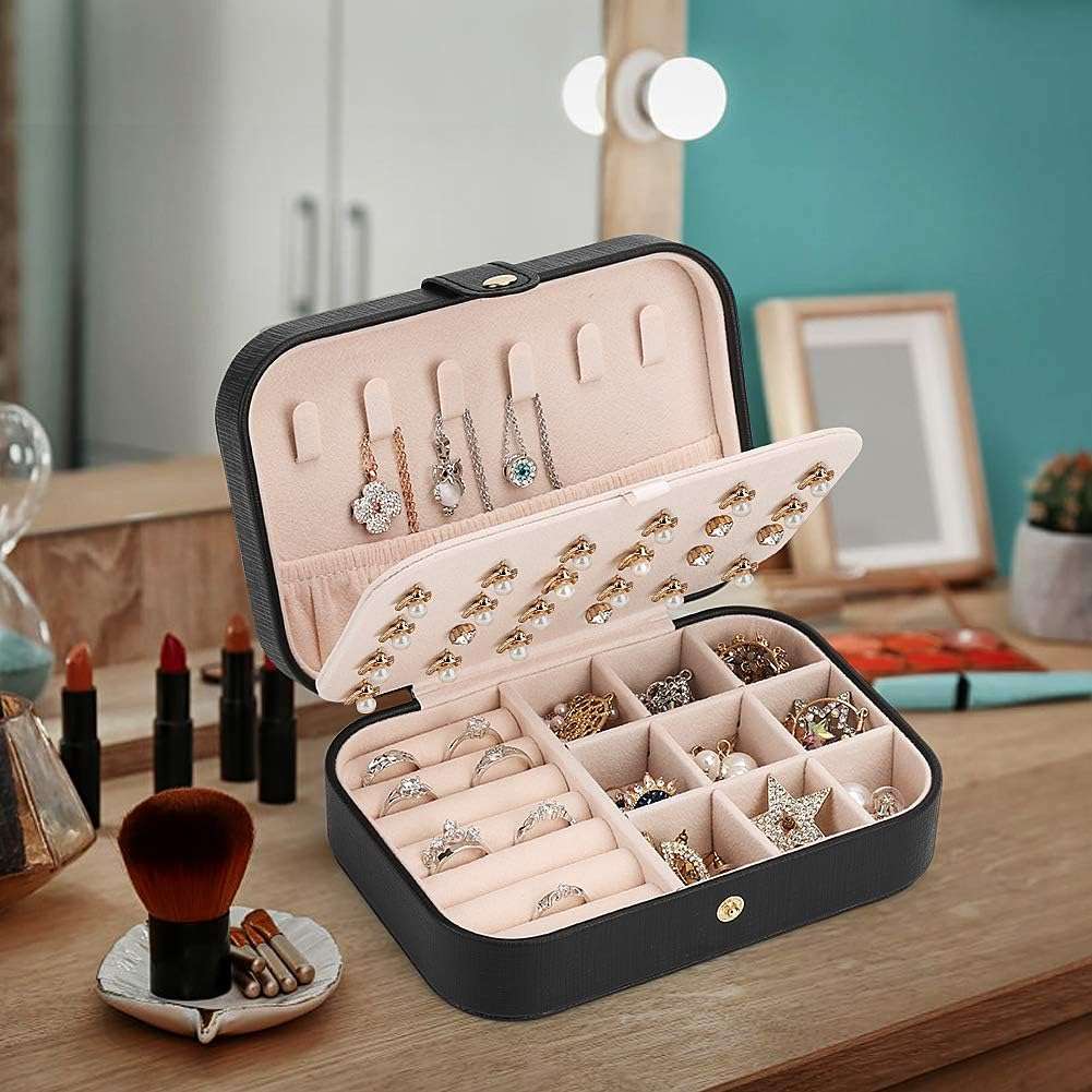 FEISCON Small Jewelry Box Necklace Ring Storage Organizer Mini Jewelry case Double Layer Travel Jewelry Organizer for Women Girls Gift-Black - 2