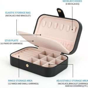 FEISCON Small Jewelry Box Necklace Ring Storage Organizer Mini Jewelry case Double Layer Travel Jewelry Organizer for Women Girls Gift-Black - 3