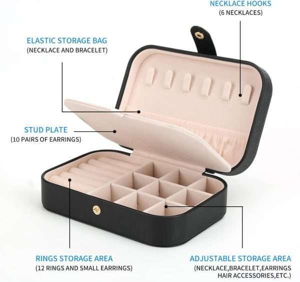 FEISCON Small Jewelry Box Necklace Ring Storage Organizer Mini Jewelry case Double Layer Travel Jewelry Organizer for Women Girls Gift-Black - 3