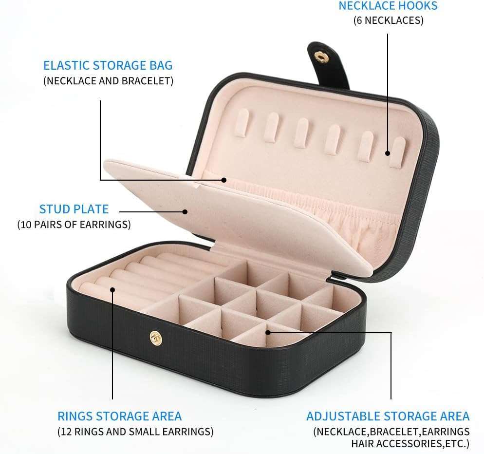 FEISCON Small Jewelry Box Necklace Ring Storage Organizer Mini Jewelry case Double Layer Travel Jewelry Organizer for Women Girls Gift-Black - 3