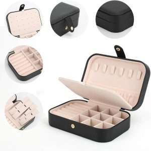 FEISCON Small Jewelry Box Necklace Ring Storage Organizer Mini Jewelry case Double Layer Travel Jewelry Organizer for Women Girls Gift-Black - 4