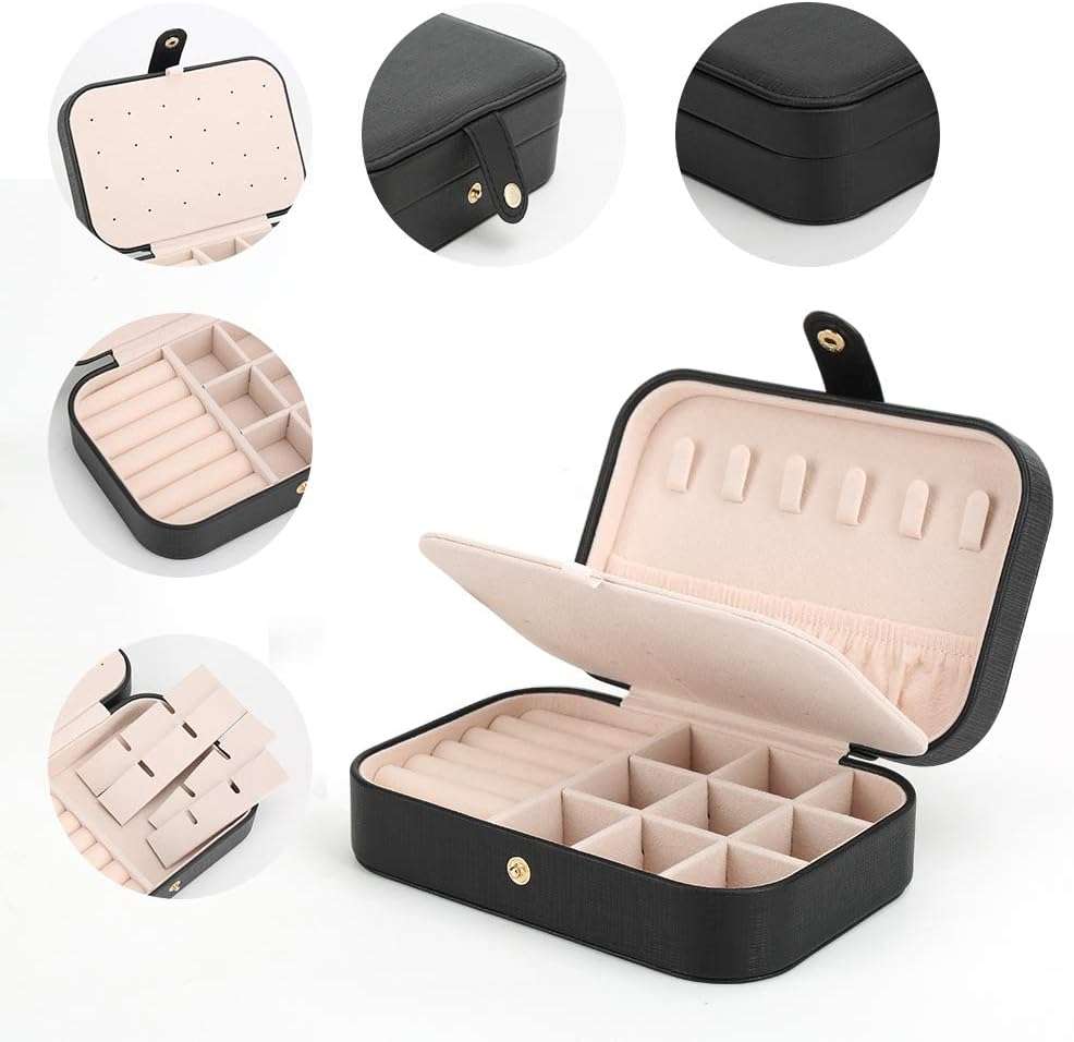 FEISCON Small Jewelry Box Necklace Ring Storage Organizer Mini Jewelry case Double Layer Travel Jewelry Organizer for Women Girls Gift-Black - 4