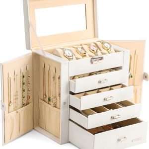 Homde Synthetic Leather Huge Jewelry Box Mirrored Watch Organizer Necklace Ring Earring Storage Lockable Gift Case (White) - 1