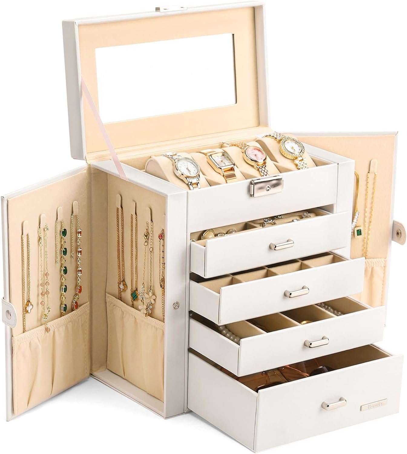 Homde Synthetic Leather Huge Jewelry Box Mirrored Watch Organizer Necklace Ring Earring Storage Lockable Gift Case (White) - 1