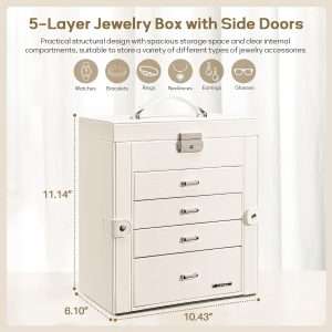 Homde Synthetic Leather Huge Jewelry Box Mirrored Watch Organizer Necklace Ring Earring Storage Lockable Gift Case (White) - 2