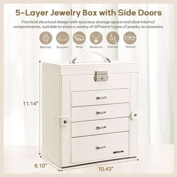 Homde Synthetic Leather Huge Jewelry Box Mirrored Watch Organizer Necklace Ring Earring Storage Lockable Gift Case (White) - 2
