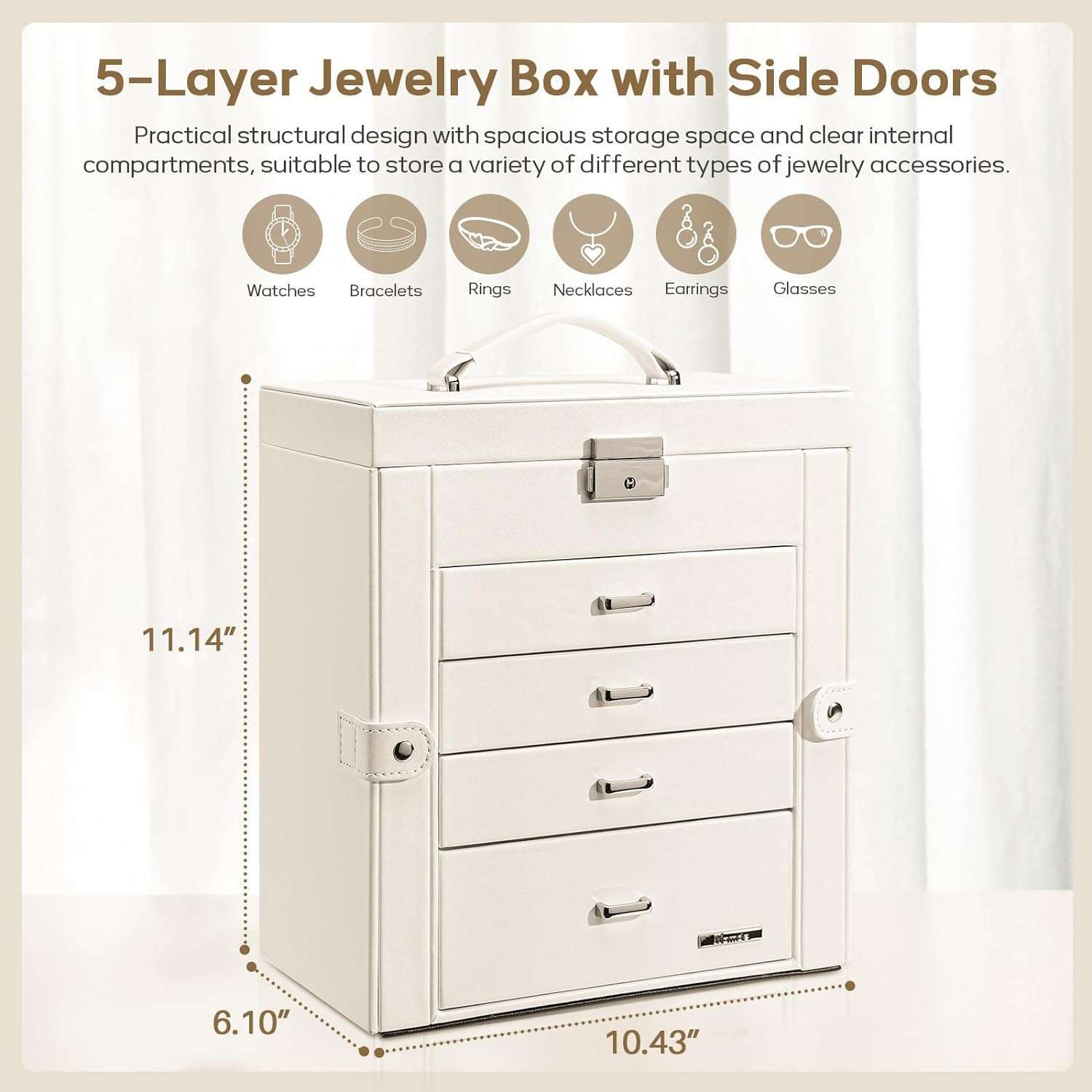 Homde Synthetic Leather Huge Jewelry Box Mirrored Watch Organizer Necklace Ring Earring Storage Lockable Gift Case (White) - 2