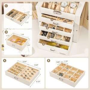 Homde Synthetic Leather Huge Jewelry Box Mirrored Watch Organizer Necklace Ring Earring Storage Lockable Gift Case (White) - 3