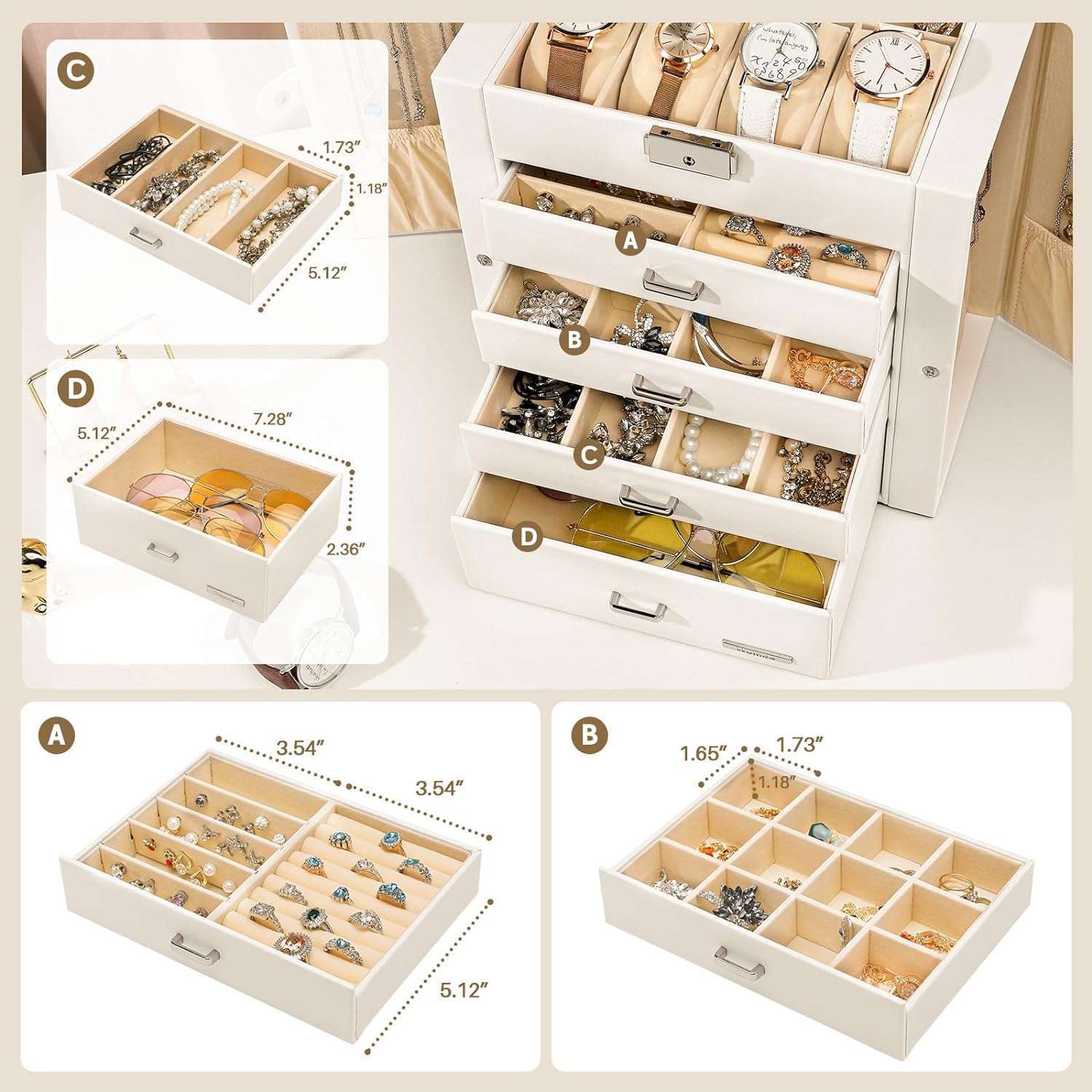 Homde Synthetic Leather Huge Jewelry Box Mirrored Watch Organizer Necklace Ring Earring Storage Lockable Gift Case (White) - 3