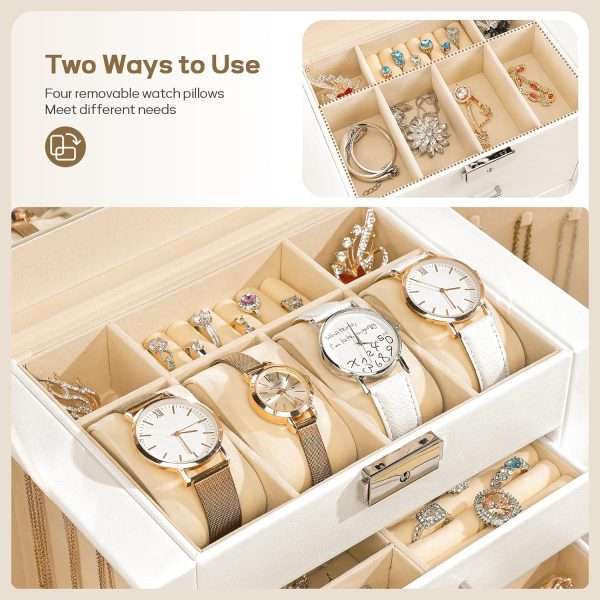 Homde Synthetic Leather Huge Jewelry Box Mirrored Watch Organizer Necklace Ring Earring Storage Lockable Gift Case (White) - 4