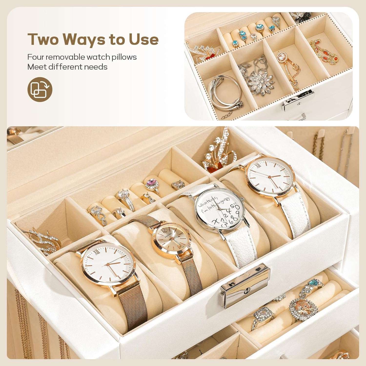 Homde Synthetic Leather Huge Jewelry Box Mirrored Watch Organizer Necklace Ring Earring Storage Lockable Gift Case (White) - 4