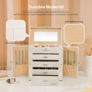 Homde Synthetic Leather Huge Jewelry Box Mirrored Watch Organizer Necklace Ring Earring Storage Lockable Gift Case (White) - 6