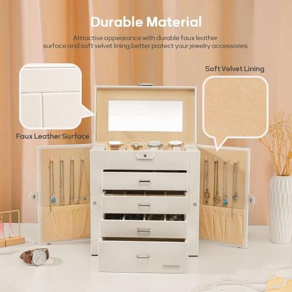 Homde Synthetic Leather Huge Jewelry Box Mirrored Watch Organizer Necklace Ring Earring Storage Lockable Gift Case (White) - 6
