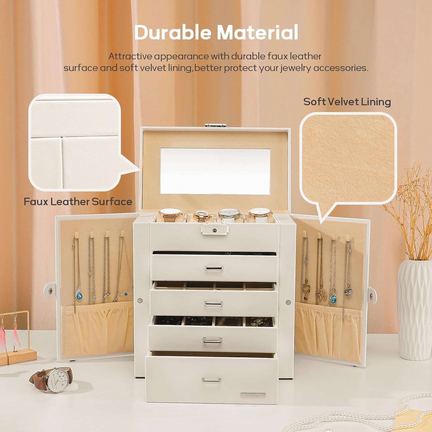 Homde Synthetic Leather Huge Jewelry Box Mirrored Watch Organizer Necklace Ring Earring Storage Lockable Gift Case (White) - 6