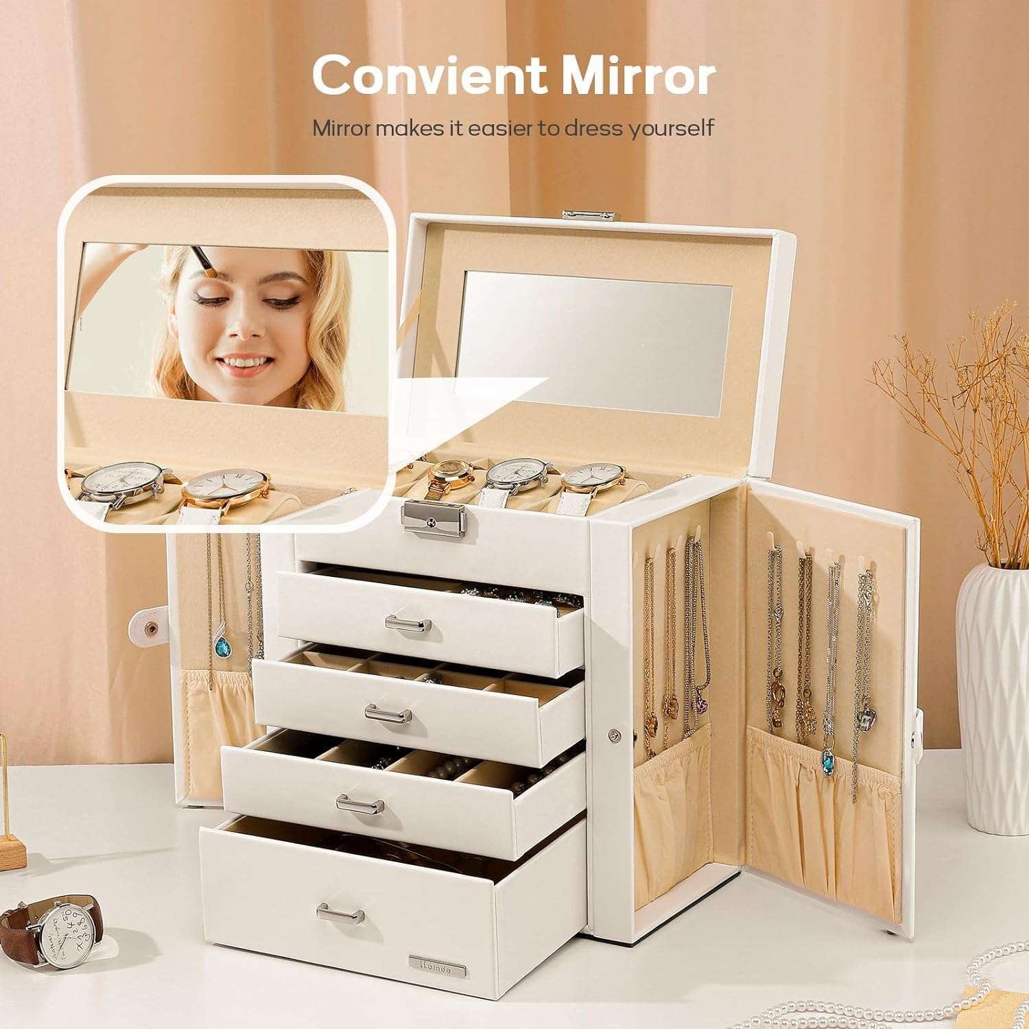 Homde Synthetic Leather Huge Jewelry Box Mirrored Watch Organizer Necklace Ring Earring Storage Lockable Gift Case (White) - 7