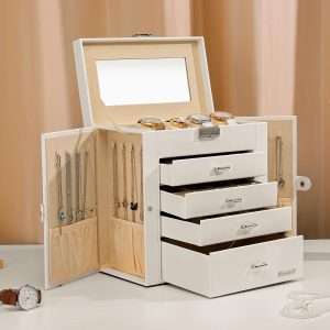 Homde Synthetic Leather Huge Jewelry Box Mirrored Watch Organizer Necklace Ring Earring Storage Lockable Gift Case (White) - 8