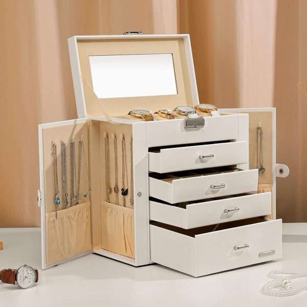 Homde Synthetic Leather Huge Jewelry Box Mirrored Watch Organizer Necklace Ring Earring Storage Lockable Gift Case (White) - 8