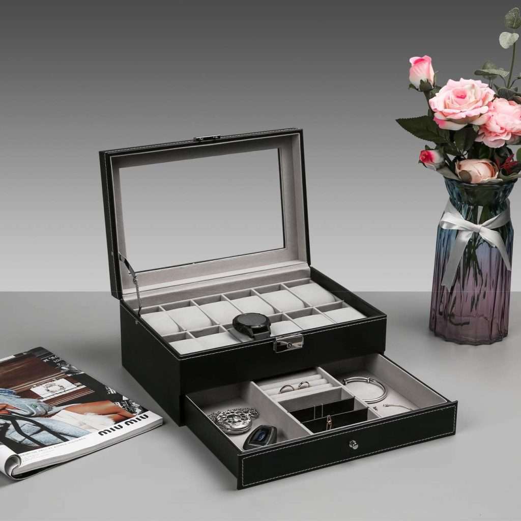 Ogrmar 12 Slot PU Leather Lockable Watch Storage Boxes, Men & Women Jewelry Display Drawer Case, 2-tier Organizer Watch Showcase with Glass Lid (Black) - 2