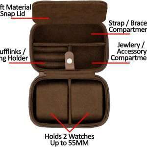 ROTHWELL 2 Watch Travel Case Storage Organizer for 2 Watches - Tough Portable Protection w-Zipper Fits All Wristwatches & Smart Watches Up to 50mm - 4