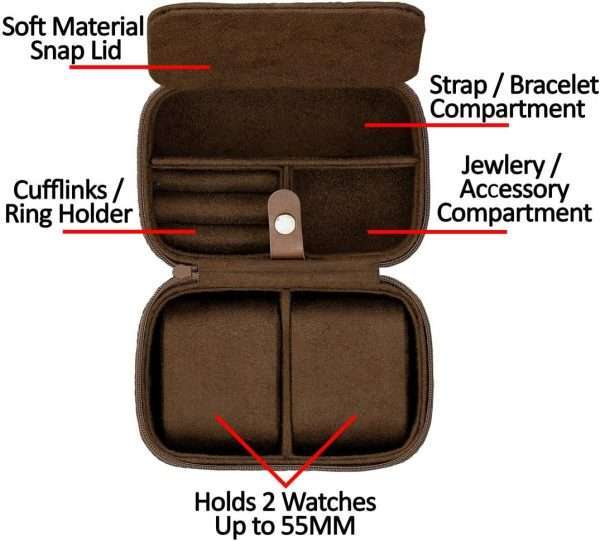 ROTHWELL 2 Watch Travel Case Storage Organizer for 2 Watches - Tough Portable Protection w-Zipper Fits All Wristwatches & Smart Watches Up to 50mm - 4