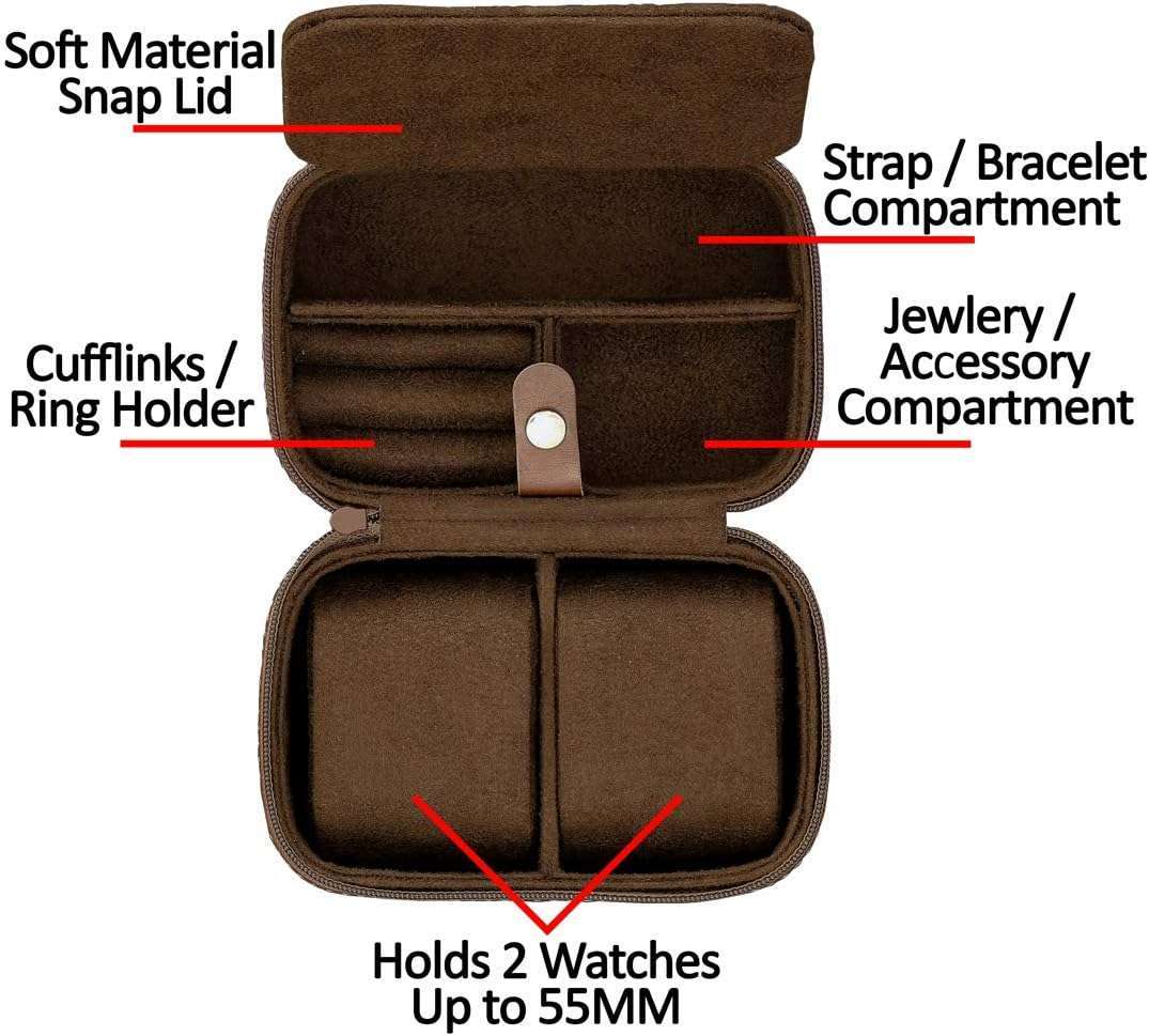 ROTHWELL 2 Watch Travel Case Storage Organizer for 2 Watches - Tough Portable Protection w-Zipper Fits All Wristwatches & Smart Watches Up to 50mm - 4