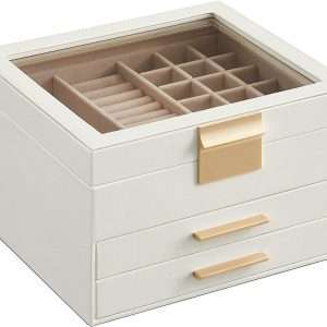 SONGMICS Jewelry Box with Glass Lid, 3-Layer Jewelry Organizer, 2 Drawers, for Big and Small Jewelry, Jewelry Storage, Modern Style, 8 x 9.1 x 5.3 Inches, Cloud White and Gold Color - 1