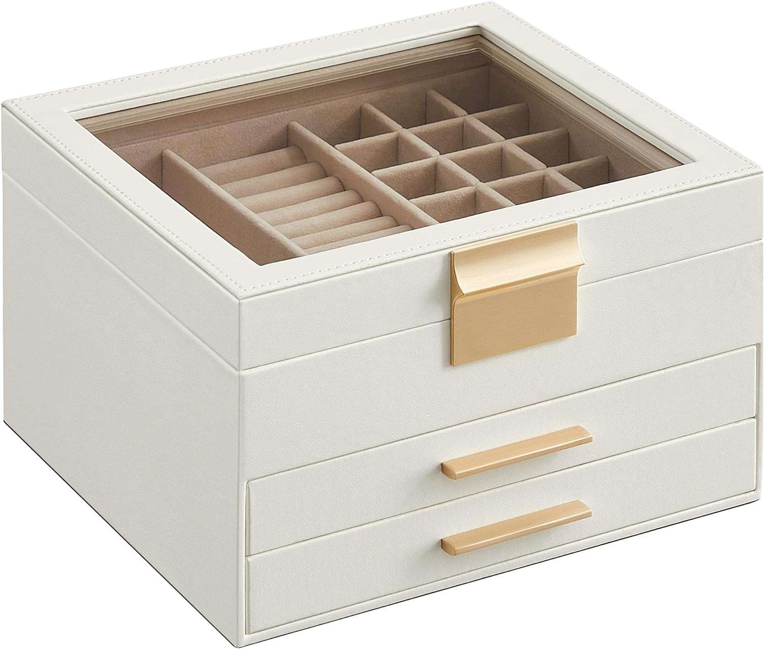 SONGMICS Jewelry Box with Glass Lid, 3-Layer Jewelry Organizer, 2 Drawers, for Big and Small Jewelry, Jewelry Storage, Modern Style, 8 x 9.1 x 5.3 Inches, Cloud White and Gold Color - 1