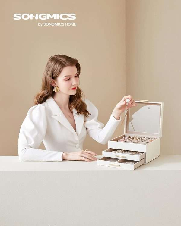 SONGMICS Jewelry Box with Glass Lid, 3-Layer Jewelry Organizer, 2 Drawers, for Big and Small Jewelry, Jewelry Storage, Modern Style, 8 x 9.1 x 5.3 Inches, Cloud White and Gold Color - 2