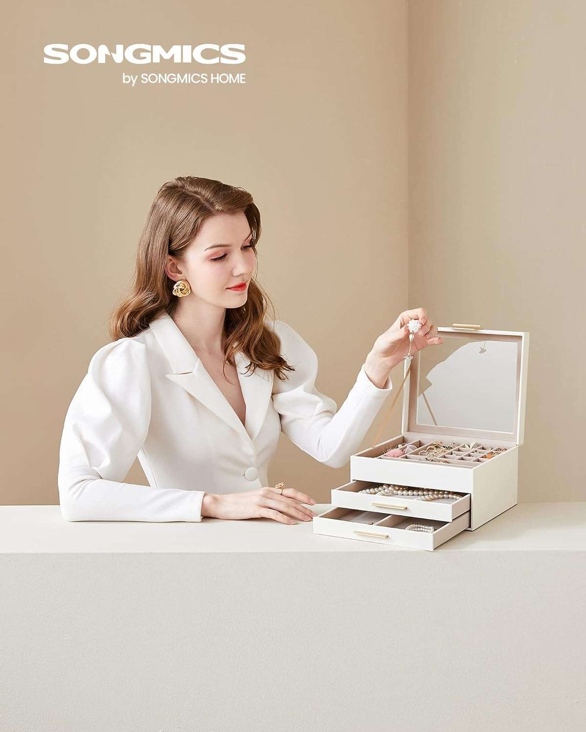 SONGMICS Jewelry Box with Glass Lid, 3-Layer Jewelry Organizer, 2 Drawers, for Big and Small Jewelry, Jewelry Storage, Modern Style, 8 x 9.1 x 5.3 Inches, Cloud White and Gold Color - 2