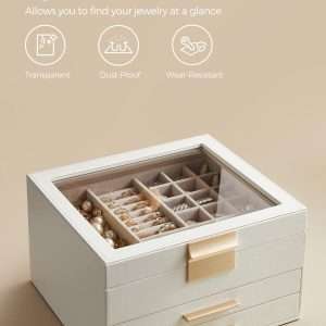 SONGMICS Jewelry Box with Glass Lid, 3-Layer Jewelry Organizer, 2 Drawers, for Big and Small Jewelry, Jewelry Storage, Modern Style, 8 x 9.1 x 5.3 Inches, Cloud White and Gold Color - 4