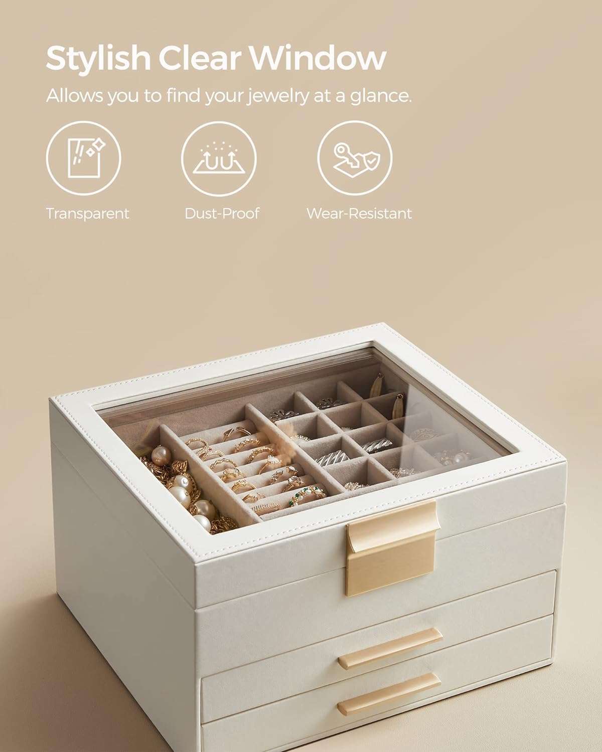 SONGMICS Jewelry Box with Glass Lid, 3-Layer Jewelry Organizer, 2 Drawers, for Big and Small Jewelry, Jewelry Storage, Modern Style, 8 x 9.1 x 5.3 Inches, Cloud White and Gold Color - 4