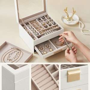 SONGMICS Jewelry Box with Glass Lid, 3-Layer Jewelry Organizer, 2 Drawers, for Big and Small Jewelry, Jewelry Storage, Modern Style, 8 x 9.1 x 5.3 Inches, Cloud White and Gold Color - 5