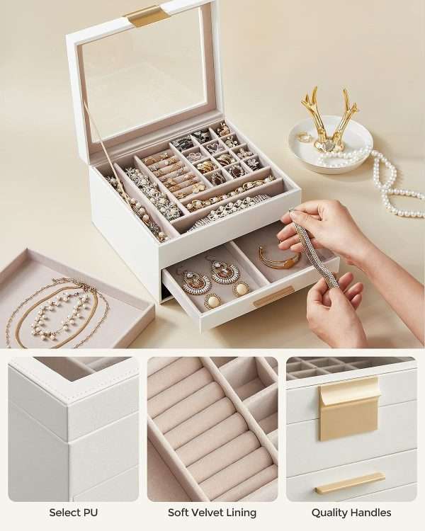 SONGMICS Jewelry Box with Glass Lid, 3-Layer Jewelry Organizer, 2 Drawers, for Big and Small Jewelry, Jewelry Storage, Modern Style, 8 x 9.1 x 5.3 Inches, Cloud White and Gold Color - 5