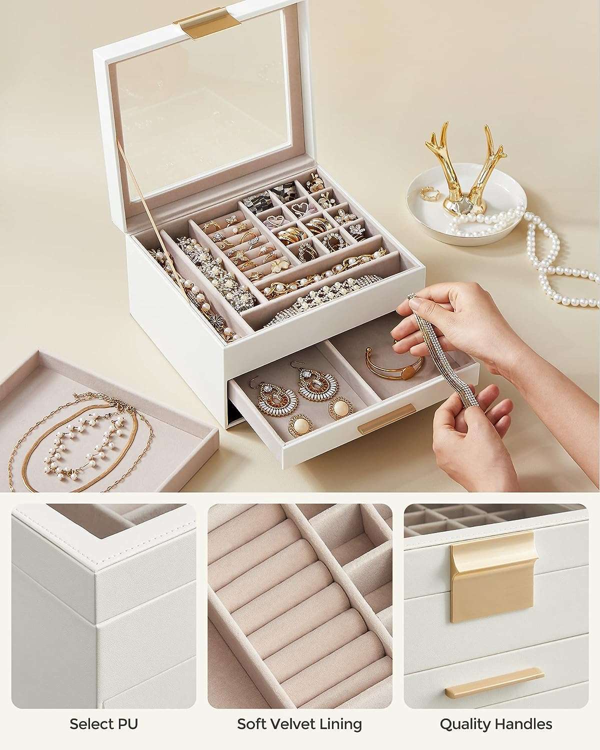 SONGMICS Jewelry Box with Glass Lid, 3-Layer Jewelry Organizer, 2 Drawers, for Big and Small Jewelry, Jewelry Storage, Modern Style, 8 x 9.1 x 5.3 Inches, Cloud White and Gold Color - 5