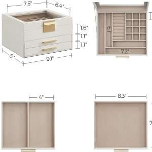 SONGMICS Jewelry Box with Glass Lid, 3-Layer Jewelry Organizer, 2 Drawers, for Big and Small Jewelry, Jewelry Storage, Modern Style, 8 x 9.1 x 5.3 Inches, Cloud White and Gold Color - 6