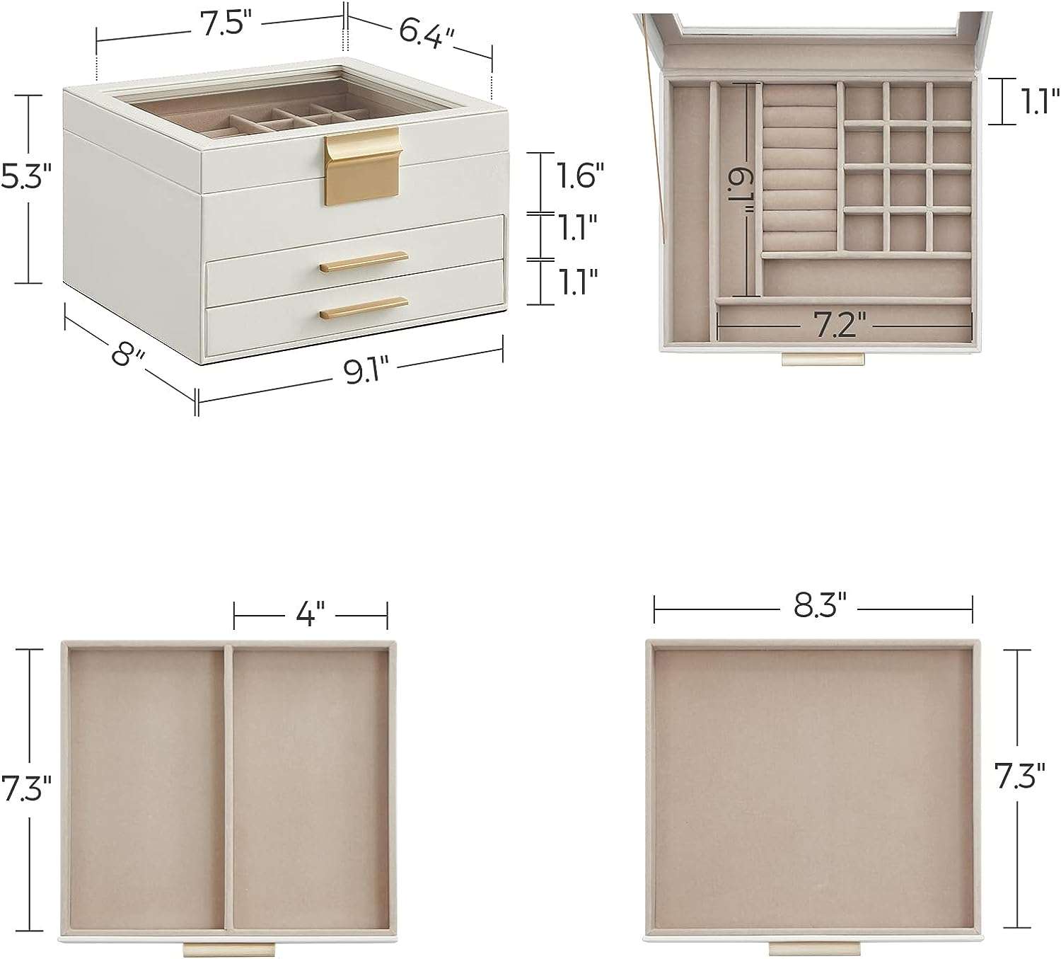SONGMICS Jewelry Box with Glass Lid, 3-Layer Jewelry Organizer, 2 Drawers, for Big and Small Jewelry, Jewelry Storage, Modern Style, 8 x 9.1 x 5.3 Inches, Cloud White and Gold Color - 6