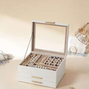 SONGMICS Jewelry Box with Glass Lid, 3-Layer Jewelry Organizer, 2 Drawers, for Big and Small Jewelry, Jewelry Storage, Modern Style, 8 x 9.1 x 5.3 Inches, Cloud White and Gold Color - 7