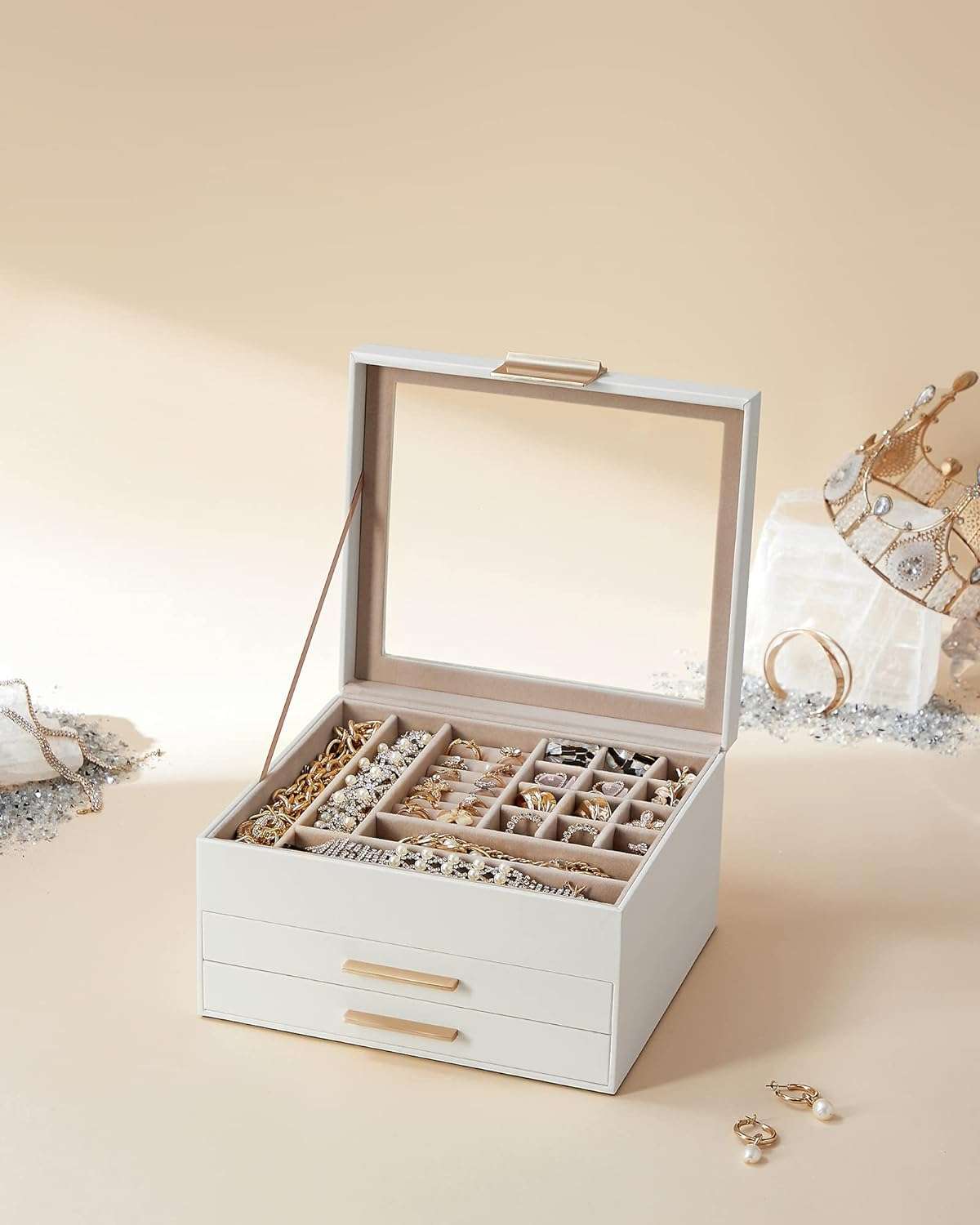 SONGMICS Jewelry Box with Glass Lid, 3-Layer Jewelry Organizer, 2 Drawers, for Big and Small Jewelry, Jewelry Storage, Modern Style, 8 x 9.1 x 5.3 Inches, Cloud White and Gold Color - 7