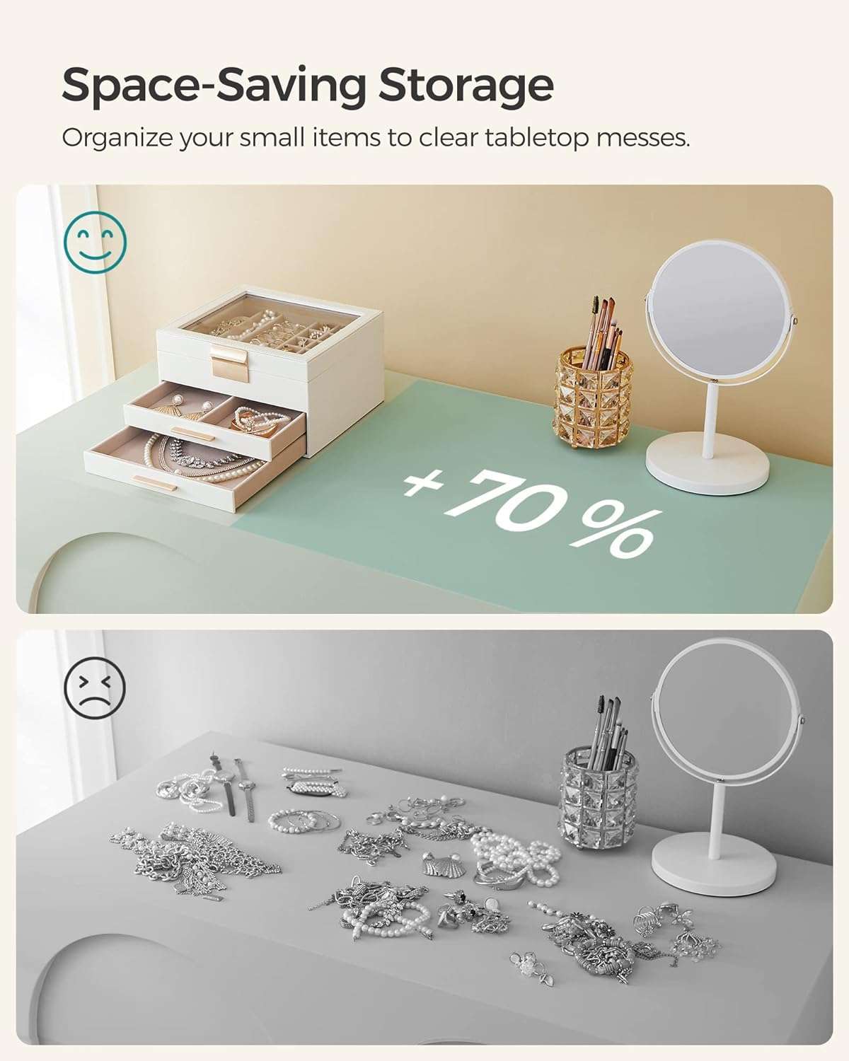 SONGMICS Jewelry Box with Glass Lid, 3-Layer Jewelry Organizer, 2 Drawers, for Big and Small Jewelry, Jewelry Storage, Modern Style, 8 x 9.1 x 5.3 Inches, Cloud White and Gold Color - 8