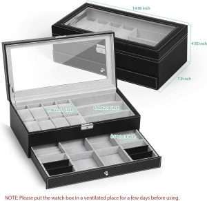 TomCare-Watch-Box-Watch-Case-Jewelry-Organizer-Holder-Jewelry-Display-Box-Case-Sunglasses-Storage-Organizer-Lockable-with-Glass-Top-and-PU-Leather-for-Men-Women-Black-2