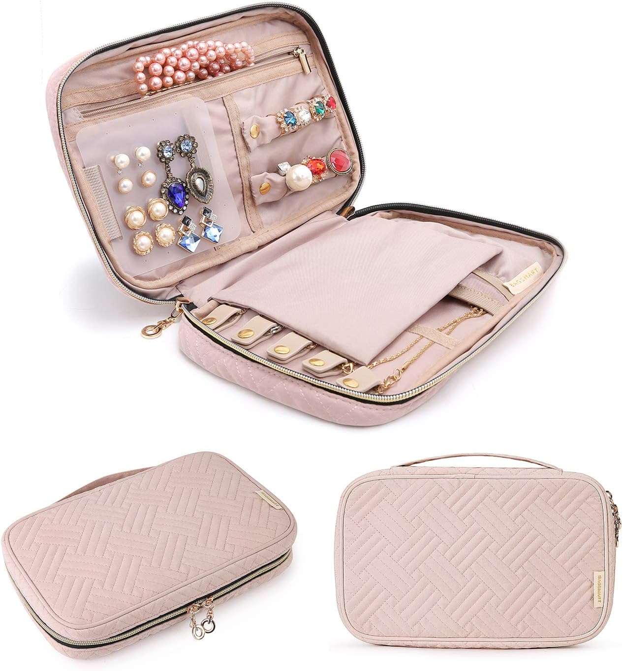 BAGSMART Jewelry Organizer Case Travel Jewelry Storage Bag for Necklace, Earrings, Rings, Bracelet, Soft Pink - 1