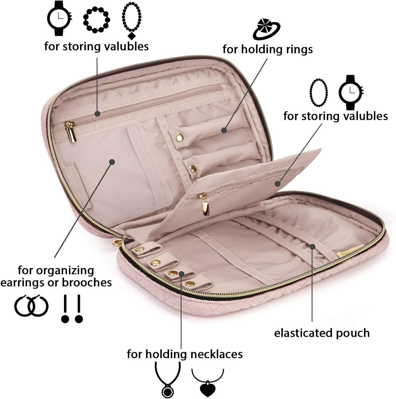 BAGSMART Jewelry Organizer Case Travel Jewelry Storage Bag for Necklace, Earrings, Rings, Bracelet, Soft Pink - 3