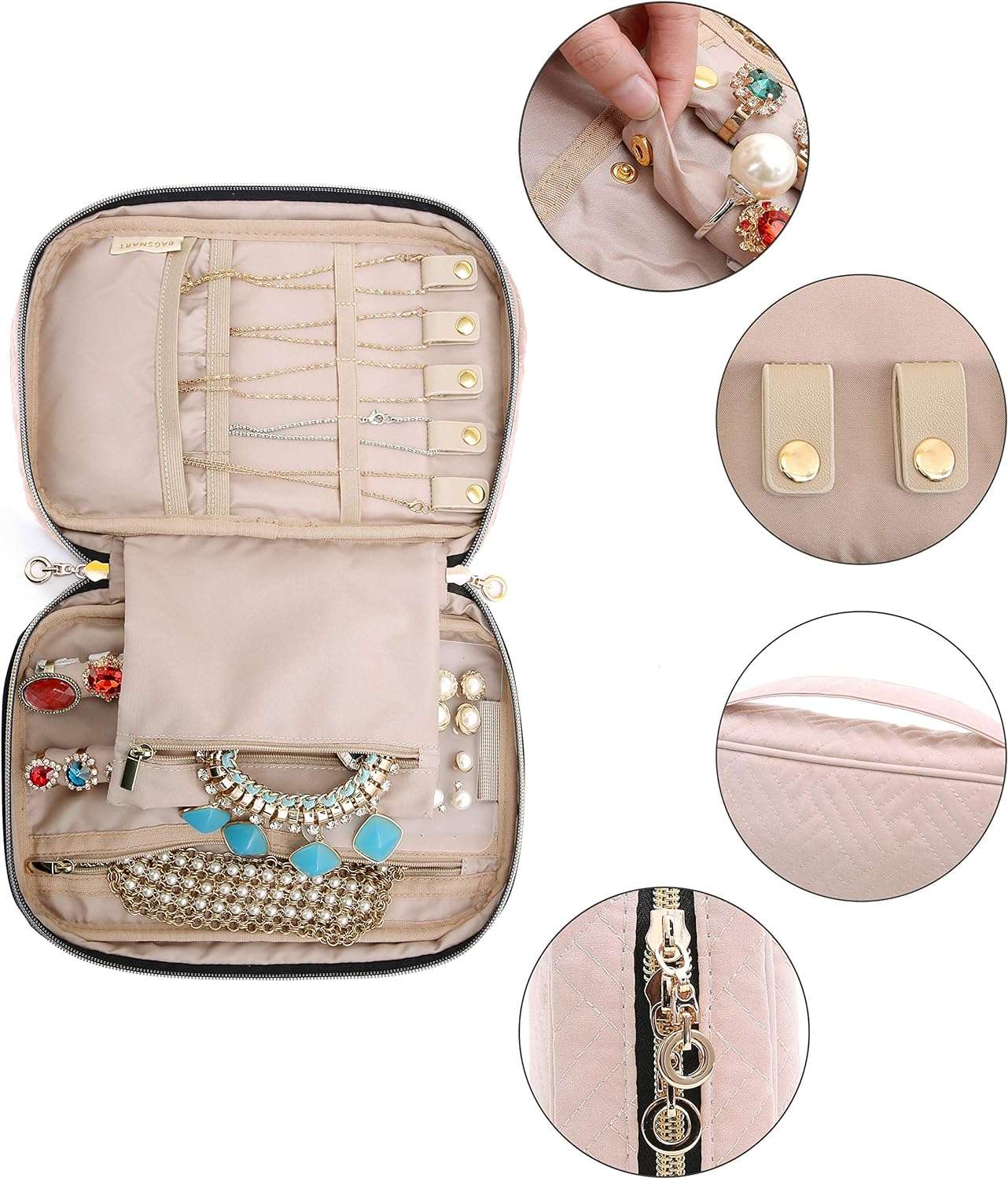 BAGSMART Jewelry Organizer Case Travel Jewelry Storage Bag for Necklace, Earrings, Rings, Bracelet, Soft Pink - 6